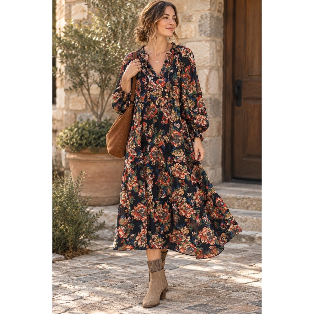 Umgee Floral Boho Maxi Dress Small Black Tiered Peasant Cottagecore Prairie